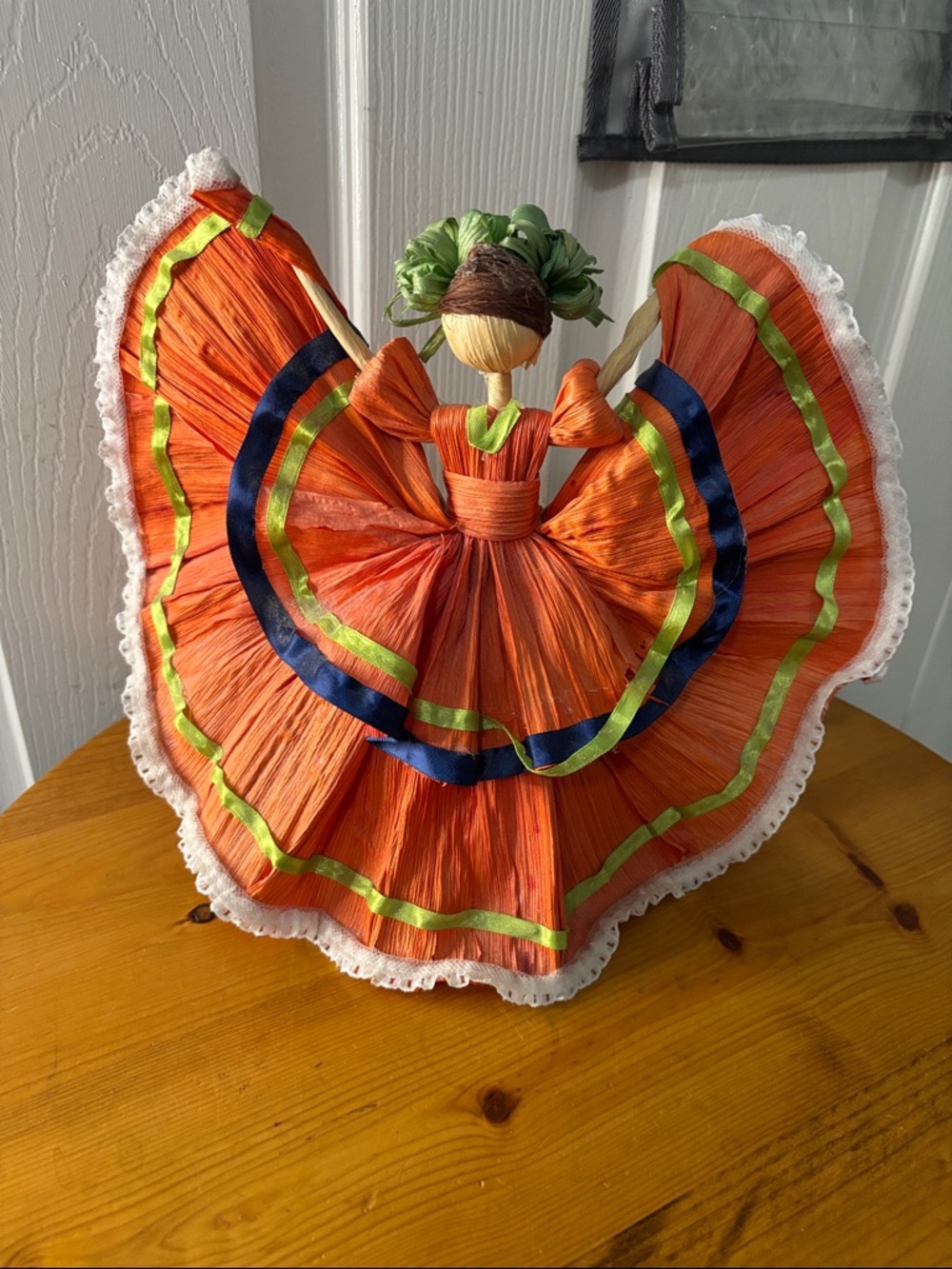 Hand Crafted Orange Folk Corn Husk Doll with Blue and Green Trim